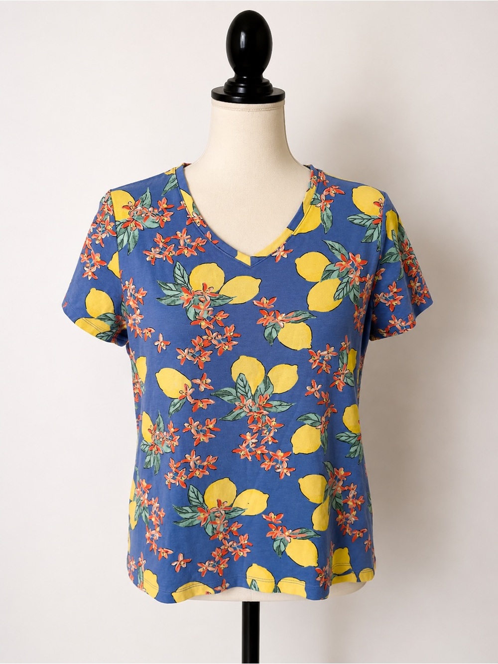 Lemon Floral V Neck Top Blue Yellow Petite Small